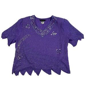 VTG Megere 100% Silk Purple Beaded Sequined Blouse Plus Size 1X S/S V-Neck